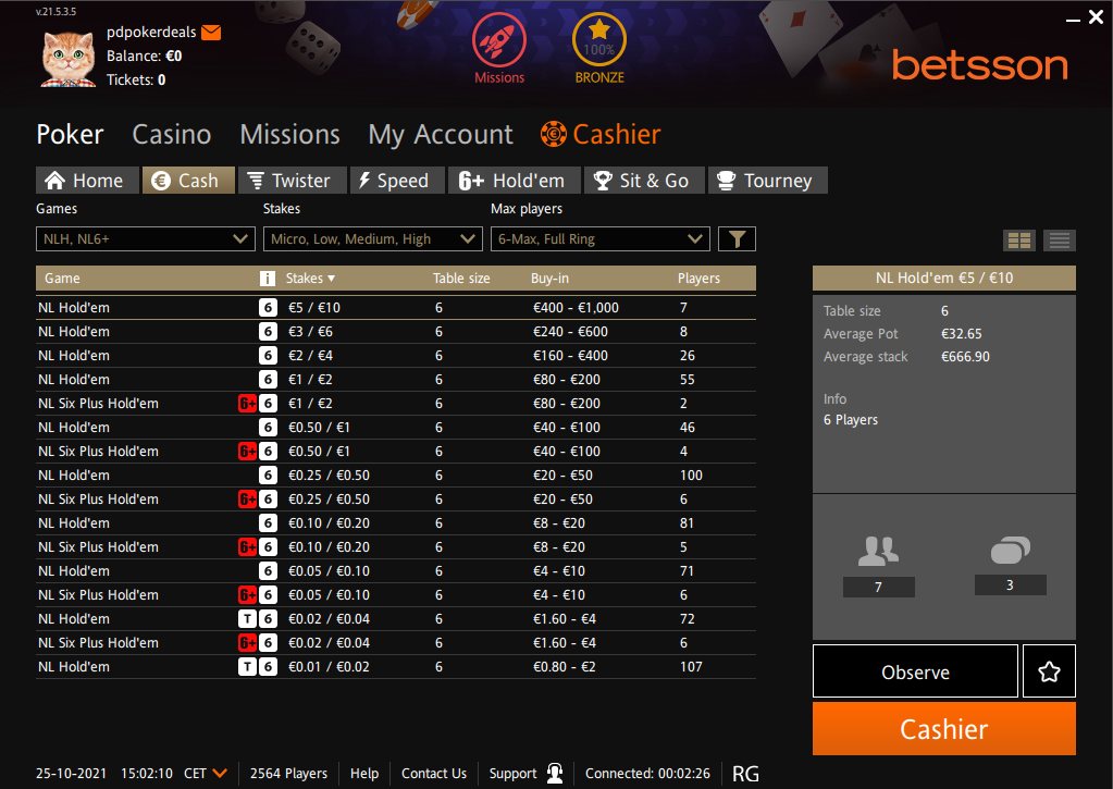 Betsson Poker lobby